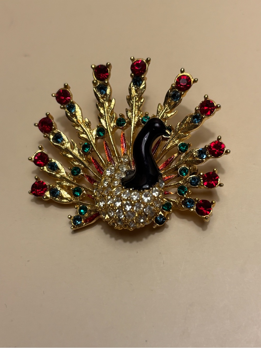 Sphinx Gold Tone Peacock Brooch with Red, Green & Clear Crystals 2”
